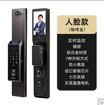 好汉精典款指纹锁家用全自动防盗智能锁密码电子门锁猫眼3D人脸 经典100 把 咖啡金